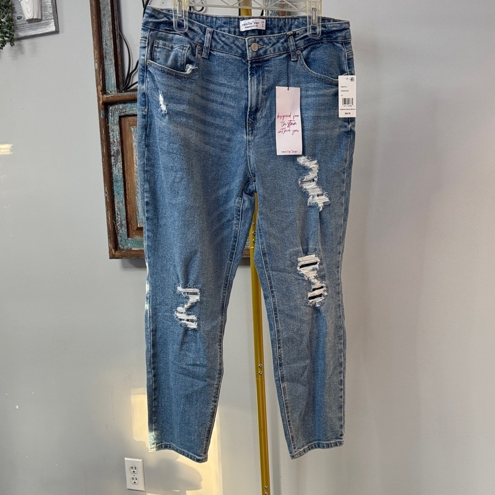 Vanilla Star Distressed Blue Rip & Repair ankle Jeans NWT 32/15